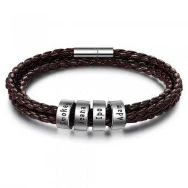 Personalized Mens Braided Genuine Leather Bracelet Stainless Steel Custom Beads Name Charm Bracelet For Men With Family Names