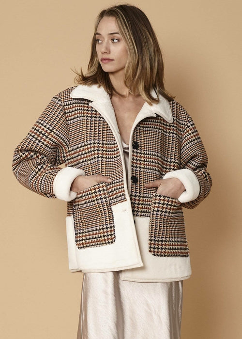 Women's Plaid Fur Jacket in Rust Houndstooth