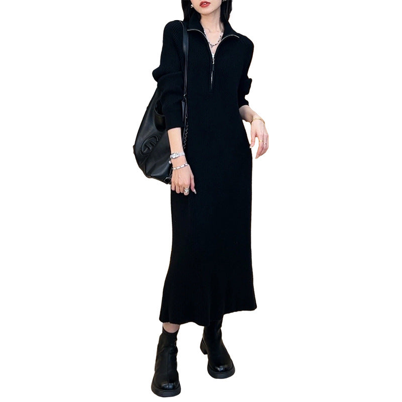 Hepburn Style Black Knitted Sweater Dress For Women New Autumn And Winter Inner Wear Long Dress High-end