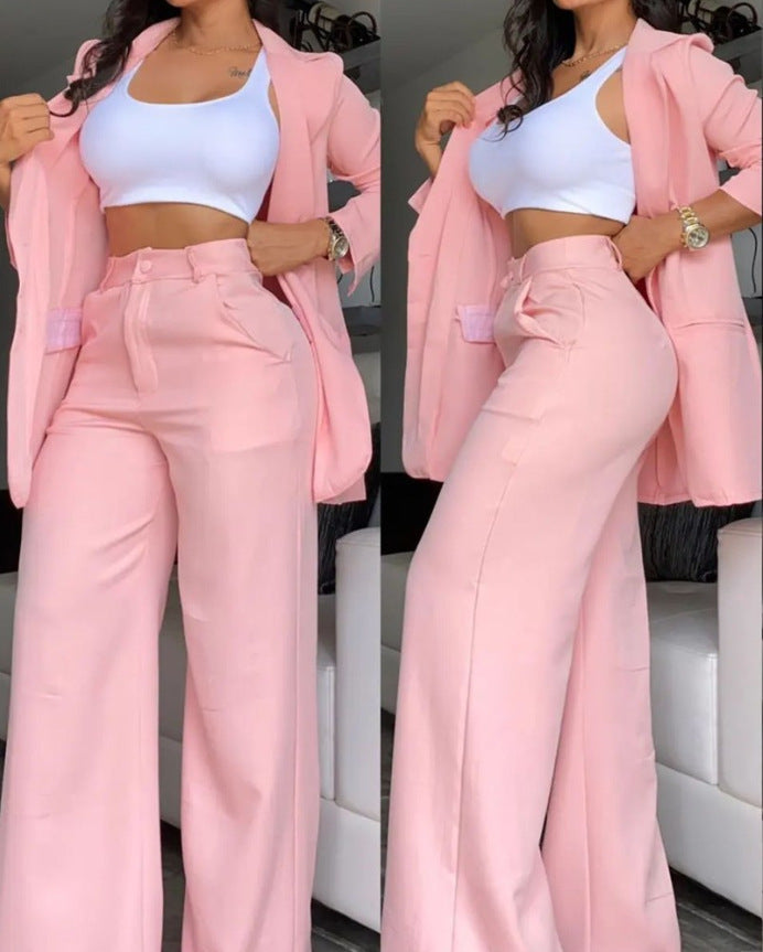 Women&#039;s Elegant Solid Color Split Sleeve Lapel Suit Pocket Straight Pants Suit