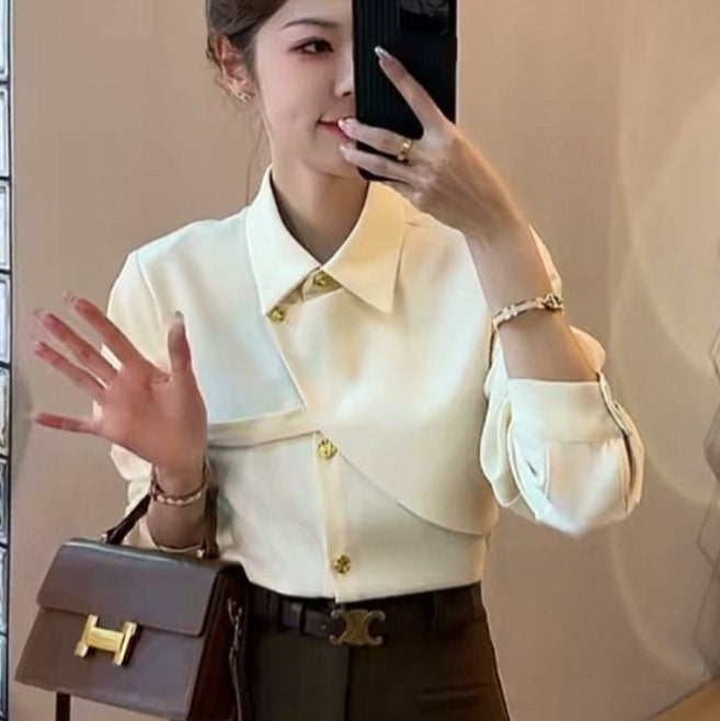 Solid Color Asymmetrical Elegant Lapel Long Sleeved Shirt